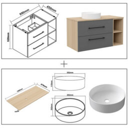 AVER-GROWTH 1000mm Bathroom Vanity Unit With Ceramic Basin 2 Drawer Countertop Sink Wall Hung Matt Grey Oak Bathroom Cabinet Shelves Storage - thumbnail 7