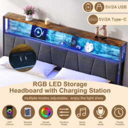 Btm Double Bed Frame 4Ft6 With Two Storage Drawers Rgb Led Headboard Charging Station Metal Frame Black Walnut - thumbnail 6