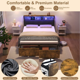 Btm Double Bed Frame 4Ft6 With Two Storage Drawers Rgb Led Headboard Charging Station Metal Frame Black Walnut - thumbnail 7