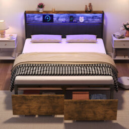 Btm Double Bed Frame 4Ft6 With Two Storage Drawers Rgb Led Headboard Charging Station Metal Frame Black Walnut - thumbnail 4