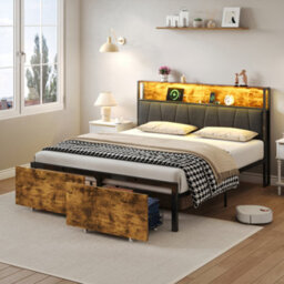 Btm Double Bed Frame 4Ft6 With Two Storage Drawers Rgb Led Headboard Charging Station Metal Frame Black Walnut