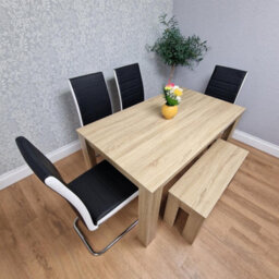 Kosy Koala Oak Effect Table And Bench With 4 Black White Stripped Faux Leather Chairs - thumbnail 2