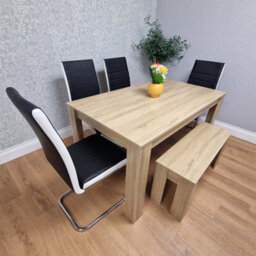 Kosy Koala Oak Effect Table And Bench With 4 Black White Stripped Faux Leather Chairs - thumbnail 1