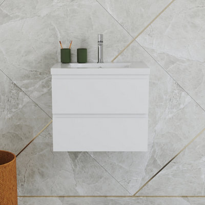 Probaty Bathrooms Vanity Unit Matte White Mdf,600X385X520mm,wall Mounted,2 Drawers With Ceramic Thick Basin - image 1