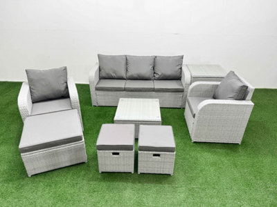 Fimous Pe Rattan Garden Furniture Set Reclining Chair Sofa Lounge Sofa Set Square Coffee Table Side Table 3 Stools Light Grey - image 1