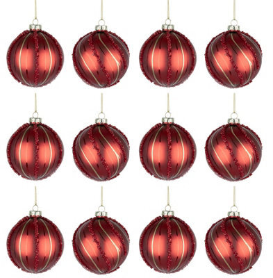 Shatchi Christmas Glass Baubles 12Pcs Set - 8Cm Red Ornaments With 2 Beautiful Festive Designs - image 1