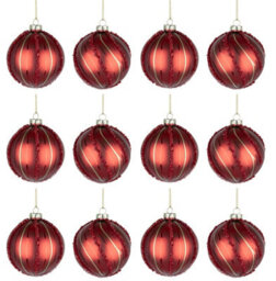 Shatchi Christmas Glass Baubles 12Pcs Set - 8Cm Red Ornaments With 2 Beautiful Festive Designs - thumbnail 1