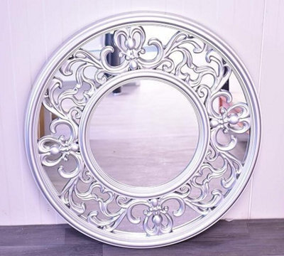 Biznest Decorative Multicolours Round Rococo Wall Mirror Plastic Stylish Framed With Baroque Horn Border Design 65 Cm (Silver)