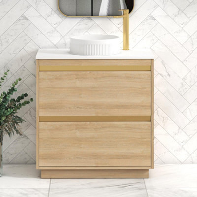 Royal Bathrooms Orion 800mm Natural Oak Floor Standing Plain White Countertop Vanity Unit 2 Drawer With Round Basin & Brushed Brass Accent Trim - image 1