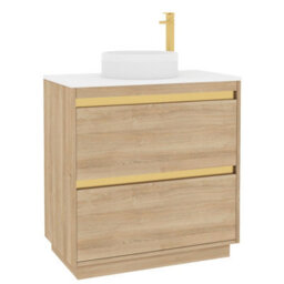 Royal Bathrooms Orion 800mm Natural Oak Floor Standing Plain White Countertop Vanity Unit 2 Drawer With Round Basin & Brushed Brass Accent Trim - thumbnail 6