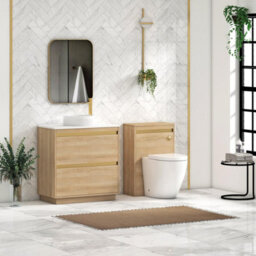 Royal Bathrooms Orion 800mm Natural Oak Floor Standing Plain White Countertop Vanity Unit 2 Drawer With Round Basin & Brushed Brass Accent Trim - thumbnail 3