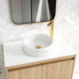 Royal Bathrooms Orion 800mm Natural Oak Floor Standing Plain White Countertop Vanity Unit 2 Drawer With Round Basin & Brushed Brass Accent Trim - thumbnail 5