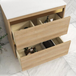 Royal Bathrooms Orion 800mm Natural Oak Floor Standing Plain White Countertop Vanity Unit 2 Drawer With Round Basin & Brushed Brass Accent Trim - thumbnail 4