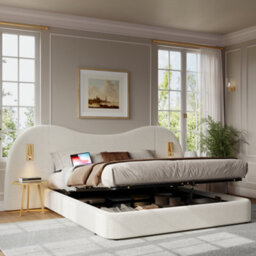 Matteo Super King White Bouclé Ottoman Bed Frame With Hydraulic Storage, Usb Charging & Reading Lamps - thumbnail 1