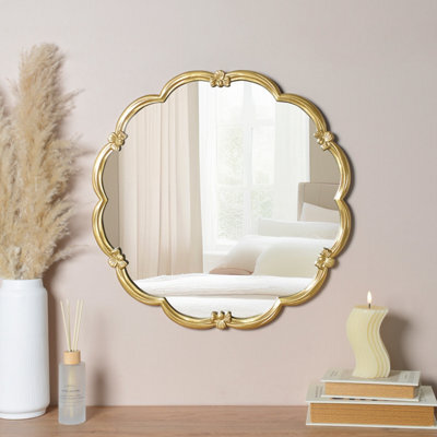 Deenz Scalloped Design Wall Mount Mirror Golden Finish Edges Glass Mdf Framed Antique Style Decorative Bow Details Indoor Use 60Cm