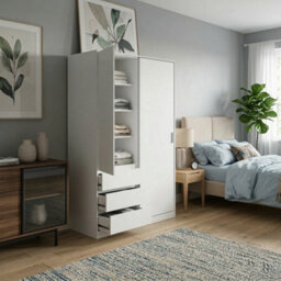 Home Treats Sliding Door Wardrobe With 3 Drawers & Hanging Rail White. Clothes Closet With Shelves White - thumbnail 2