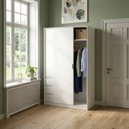 Home Treats Sliding Door Wardrobe With 3 Drawers & Hanging Rail White. Clothes Closet With Shelves White - thumbnail 1