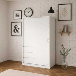 Home Treats Sliding Door Wardrobe With 3 Drawers & Hanging Rail White. Clothes Closet With Shelves White - thumbnail 6