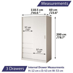 Home Treats Sliding Door Wardrobe With 3 Drawers & Hanging Rail White. Clothes Closet With Shelves White - thumbnail 5