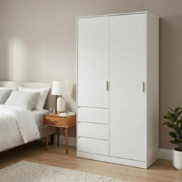 Home Treats Sliding Door Wardrobe With 3 Drawers & Hanging Rail White. Clothes Closet With Shelves White - thumbnail 4