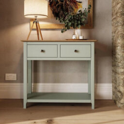 Oak Top 2 Drawer Console Table Painted Sage Green Finish Large - thumbnail 3