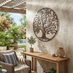 Biznest Tree Of Life Metal Wall Artwork Metal Circle Hollowed Sculpture Decorative Elegant Rustic Design Natural Brown 80X80Cm Dia - thumbnail 3