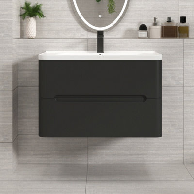 Royal Bathrooms Venice 800mm Matt Nocturne Black Wall Hung Vanity Unit 2 Drawer With Ceramic Basin - image 1
