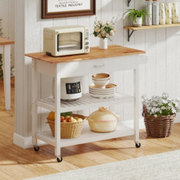 Gainoom Kitchen White Island 3-Tier Rolling Utility Cart With 2 Open Shelves And Lockable Casters - thumbnail 6