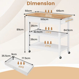 Gainoom Kitchen White Island 3-Tier Rolling Utility Cart With 2 Open Shelves And Lockable Casters - thumbnail 2