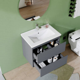 AVER-GROWTH 600mm Wall Hung Vanity Unit With Basin Matt Grey Ceramic Sink Bathroom Wall Mounted Storage Cabinet Soft Close Hinges 2 Drawers - thumbnail 4