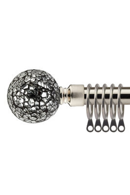 16-19mm Mirrored Extendable  Metal Curtain Pole Set Brushed Silver 120-210Cm
