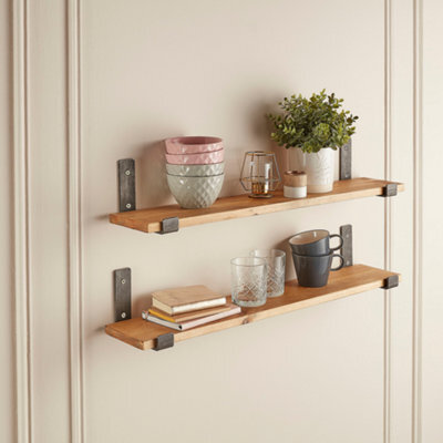 Off the Grain Rustic Wood Wall Shelves Set Of 2 With Inverted Brackets  -15Cm X 2.5Cm Wooden Shelves 150Cm - image 1