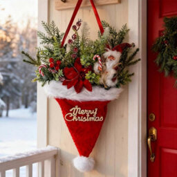 CLEFFNS 21In Christmas Wreath For Front Door, Christmas Reef Window Decorations Artificial Santa Hat Wreath With Santa Claus, Berries - thumbnail 1