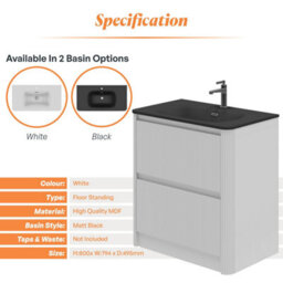 Plum&clay Isla Ribbed Fluted White 2 Drawer Freestanding Bathroom Vanity Unit & Black Basin Set (W)800mm - thumbnail 5