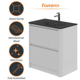 Plum&clay Isla Ribbed Fluted White 2 Drawer Freestanding Bathroom Vanity Unit & Black Basin Set (W)800mm - thumbnail 6