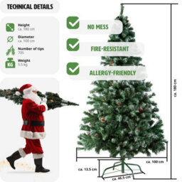 Tectake Christmas Tree - Artificial Christmas Tree With Frosted Tips, Pine Cones, And Metal Stand - 180 Cm - Green - thumbnail 6