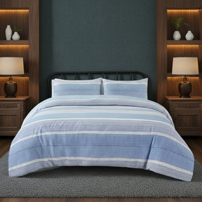 Duvet Cover And Pillowcase Set Stripe Monochrome Design Polycotton Bed Linen Blue - image 1