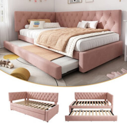 Btm 3Ft Single Daybed 90X190Cm, Pull Out Trundle Bed For Adults   Kids, Ottoman Bed With Slatted Frame, Velvet, Pink