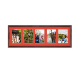 AK Frames 26X8 Rose Wood Classic Multi Photo Frame With Poppy Red Mount - Holds 5 Apertures (5X) 6X4 Photos - thumbnail 1