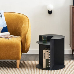 Wyld And Coco Evercraft Black Metal Round Side Table With Built-In Shelf, Open-One-Side Geometric End Table - thumbnail 2