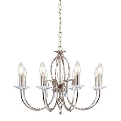 Elegant 8 Bulb Chandelier With Cut Glass Droplets And Curved Stem In Polished Nickel