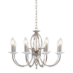 Elegant 8 Bulb Chandelier With Cut Glass Droplets And Curved Stem In Polished Nickel
