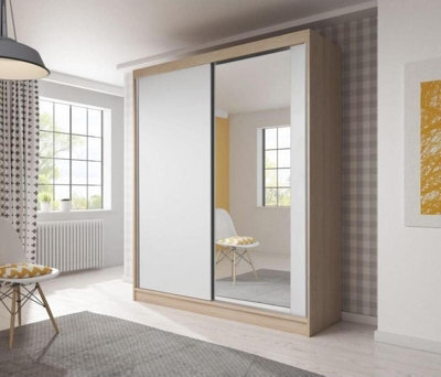 Arte Bella 3 Sliding Door Wardrobe 1830mm Oak Sonoma Carcass, White Matt Front With Mirrored Door - Elegant Storage For Modern Homes - image 1