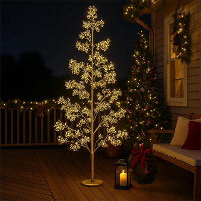 Xmas Haus 210Cm Outdoor Led Christmas Tree With Gold Balls Festive Light 1200 Warm White Leds, Copper Wire, Resin Base, 5M Cable & Ip20 Tran - image 1