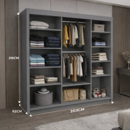 Ie Oslo Wardrobe With Rails & Shelves Sliding Door Wardrobe ( Black, 203 Cm ) - thumbnail 3