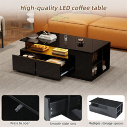 Abrihome Black High-Gloss Coffee Table With Led Lighting & 2 Drawers, Sofa Side Table, Open Storage, 100X50X35Cm - thumbnail 3
