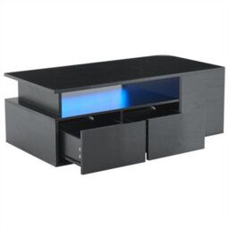 Abrihome Black High-Gloss Coffee Table With Led Lighting & 2 Drawers, Sofa Side Table, Open Storage, 100X50X35Cm - thumbnail 6