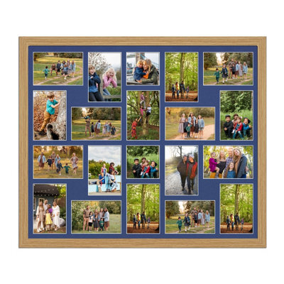 AK Frames 80X70Cm Light Oak Modern Multi Photo Frame With Blue Mount - Holds 20 Apertures (18X) 6X4, (2X) 4X4 Photos - image 1