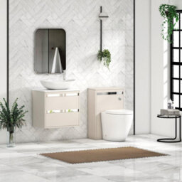 Royal Bathrooms Orion 600mm Warm Taupe Wall Hung Plain White Countertop Vanity Unit 2 Drawer With Cesar Basin & Chrome Accent Trim - thumbnail 3