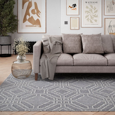 Loomed Blue Geometric Tile Textured 3D Pile Living Area Rug 160X230Cm - image 1